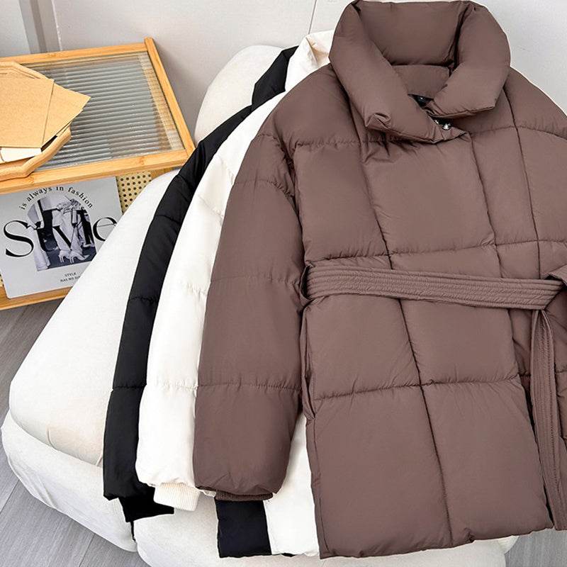 Warm Lapel Plaid Coat With Belt Design Fashion Casual Thick Jacket Fall And Winter Women's Clothing - Velora