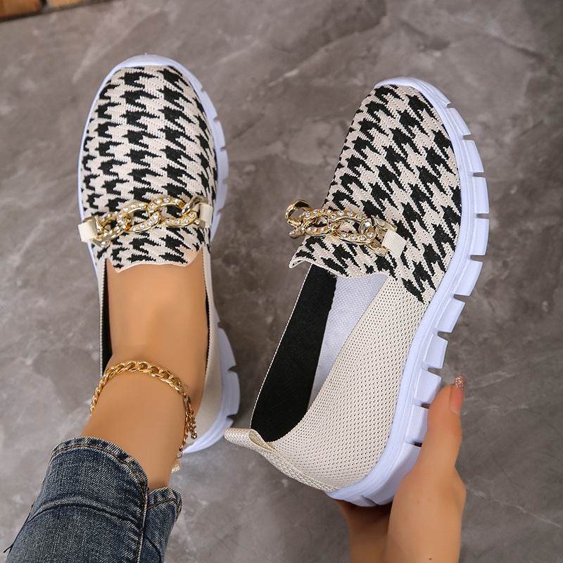 Casual Houndstooth Print Chain Mesh Shoes Summer Walking Sports Flat Shoes Women Breathable Loafers - Velora