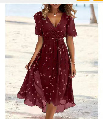 Flowers Printed V-neck Dress Summer A-line Short-sleeved Dresses For Women Velora
