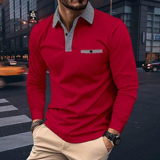 Leisure Plaid Lapel Polo Shirt Fashion Solid Color Long Sleeve Tops Men's Clothing - Velora