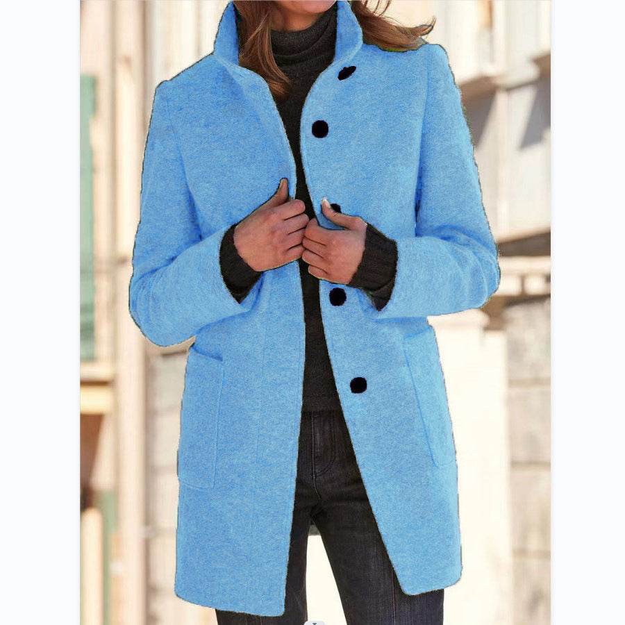 Fashion Stand Collar Woolen Coat With Pockets Fall Winter Casual Button Outwear For Women Clothing - Velora
