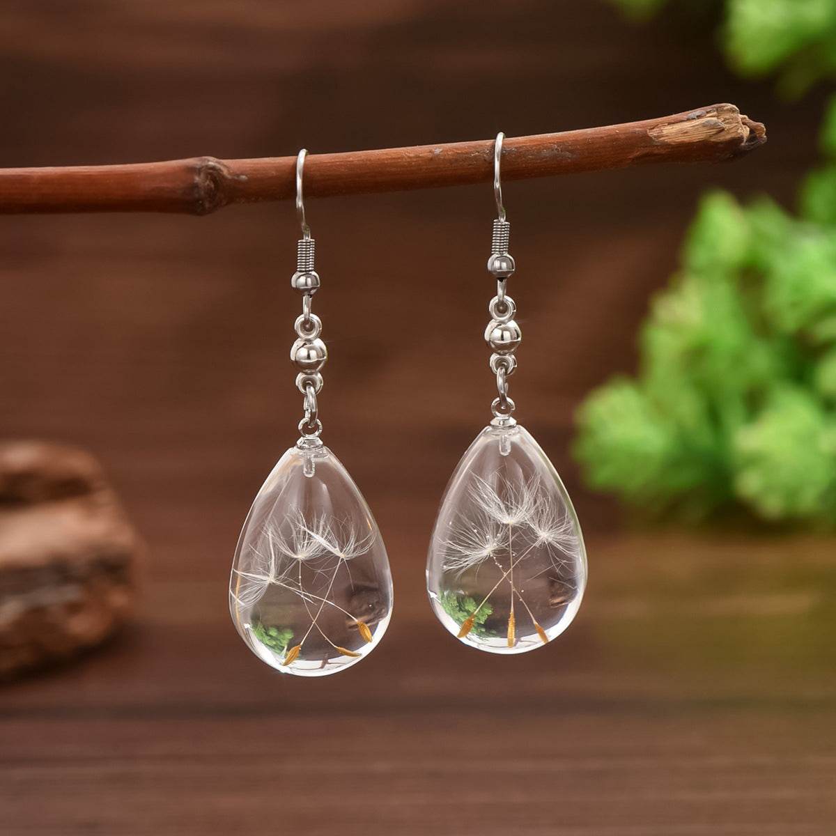 Simple Artistic Conception Epoxy Dandelion Dried Flower Pendant Earrings - Velora