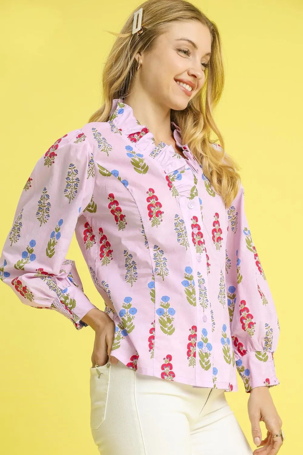 Umgee Floral Print Lantern Sleeve Button Down Shirt - Velora