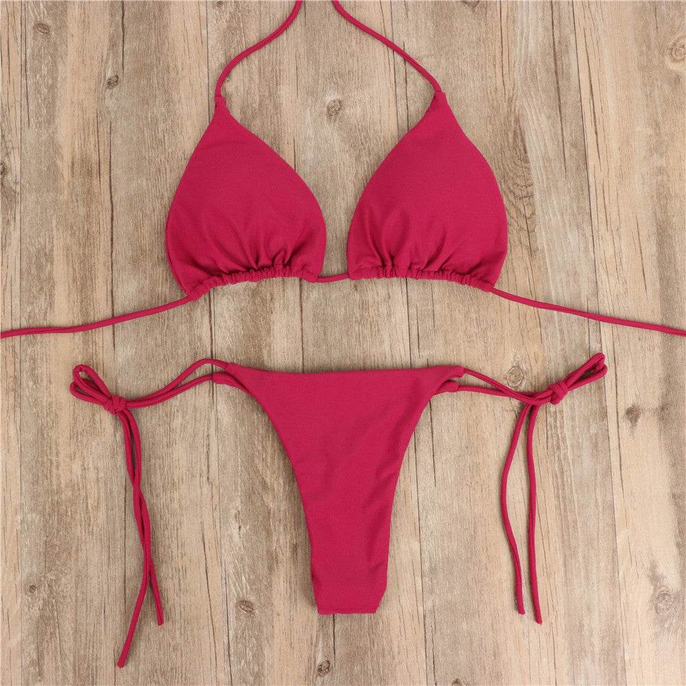 2pcs Halterneck Lace-up Bikini Women Summer Solid Color Sexy Split Strap Adjustable Swimsuit Suit - Velora