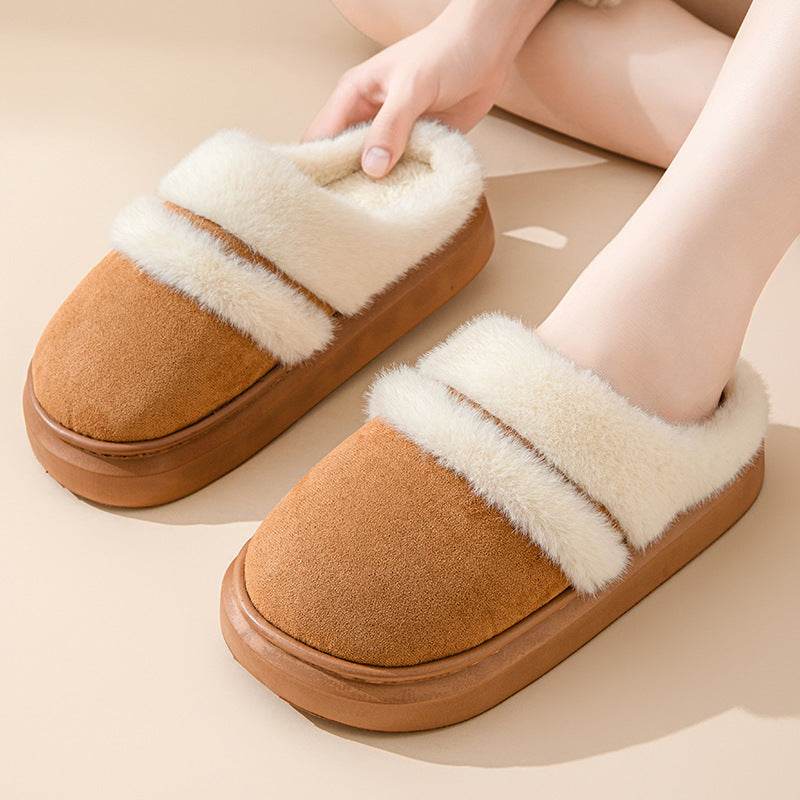 Fashion Warm Cotton Slippers For Women Leisure Thick Bottom Non-slip Plus-velvet House Shoes Winter Bedroom Floor Suede Slipper - Velora
