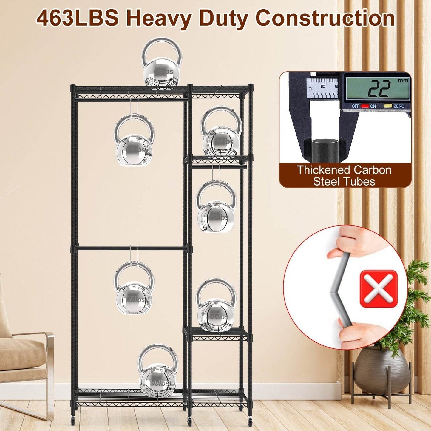 1Pc 4 Tier Heavy Duty Garment Rack With Wheels Carbon Steel Clothing Rack Portable Wardrobe Clothes Rack With 3 Hanging Rods 6 Footrests 44.9x17.13x77.95in - Velora