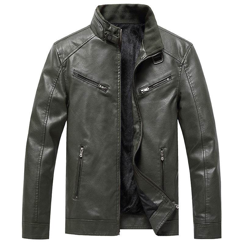 Men's Fleece Padded Coat Casual Korean-style Stand Collar PU Leather Jacket Trendy Youth - Velora