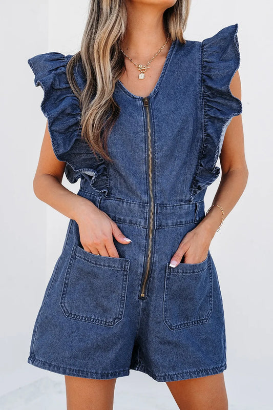Denim Ruffled Zipped Front Belted Romper - Velora