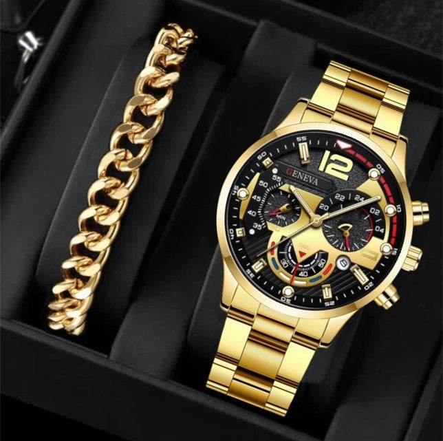 2pcs Men's New Popular Steel Strip Fashion Business Three Eye Quartz Watch Bracelet Set Valentine's Day Gifts - Velora
