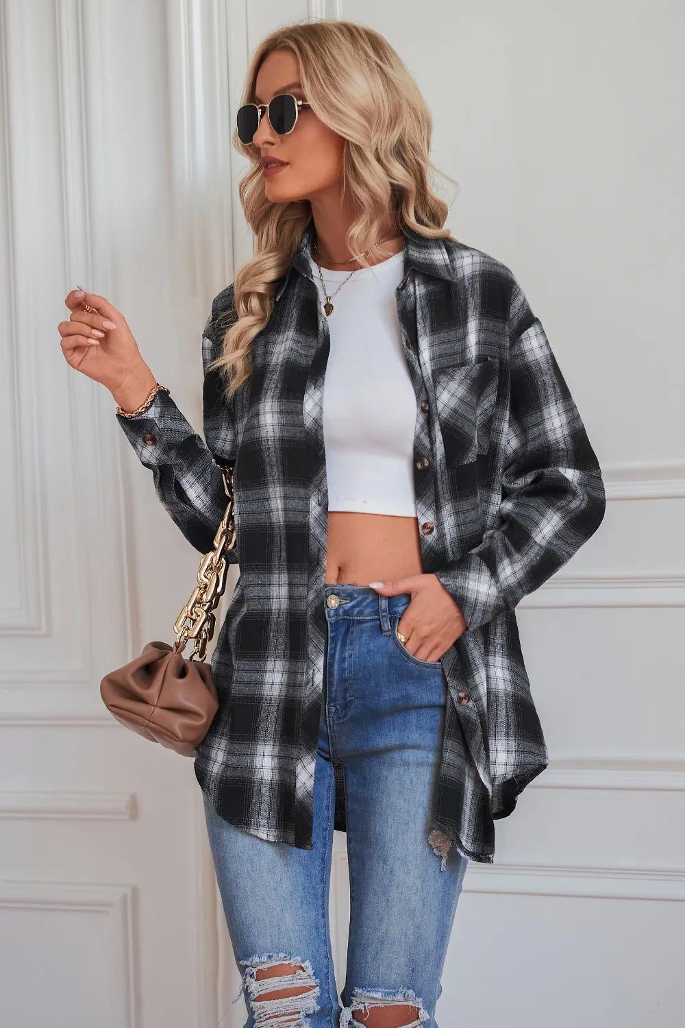 Plaid Button Up Dropped Shoulder Outerwear - Velora