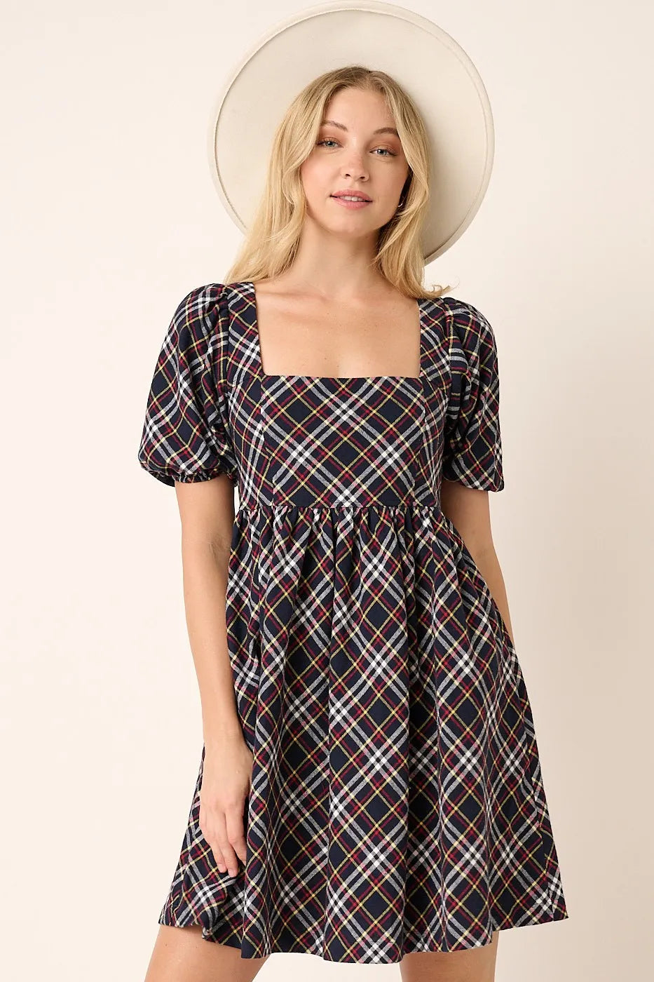 Mittoshop Checkered Print Puff Sleeve Babydoll Mini Dress - Velora