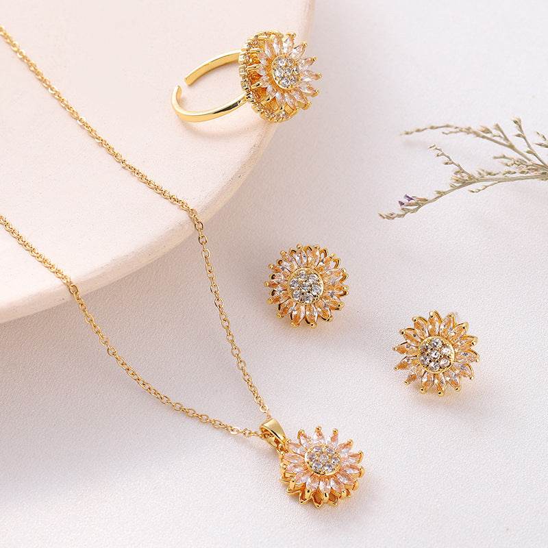 Classic Charm Sunflower Flower Stainless Steel Necklace Earrings Fashion Exquisite Micro Seed Jewelry Ring - Velora