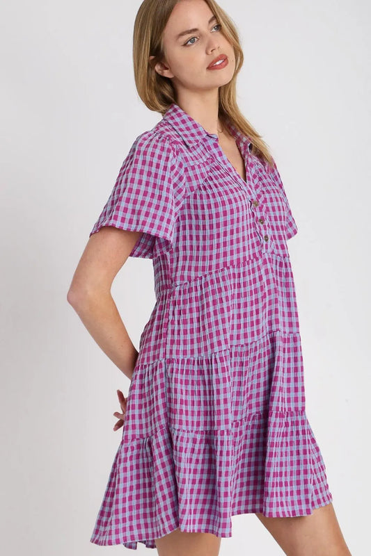 Umgee Full Size Gingham Tiered Button Detail Short Sleeve Dress Plus Size - Velora