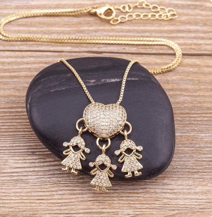 Fashion Jewelry Son Daughter Heart Gold Color Cubic Zirconia Family Girl Boy Pendant Necklace Chain Jewelry For Mother Gift - Velora