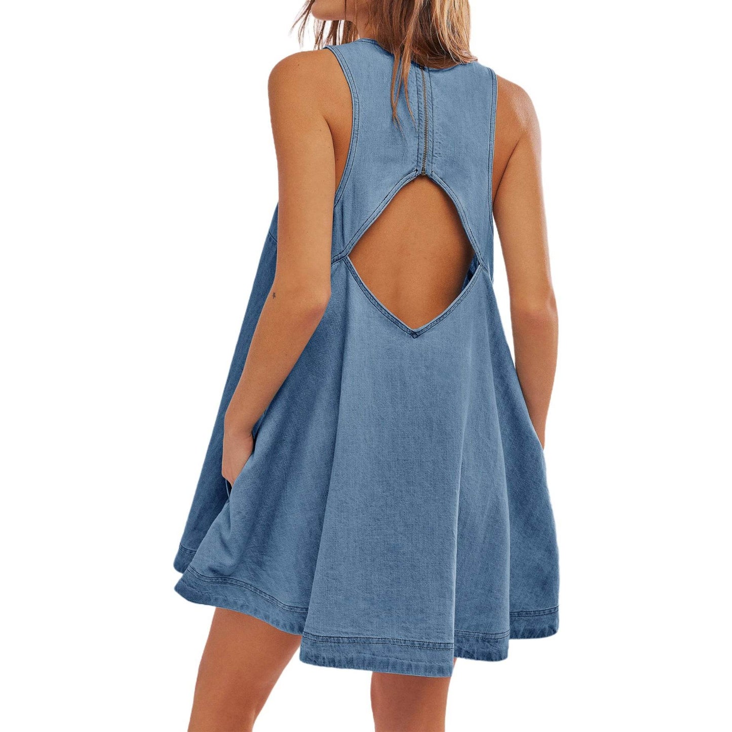 Sleeveless Backless Denim Dress - Velora