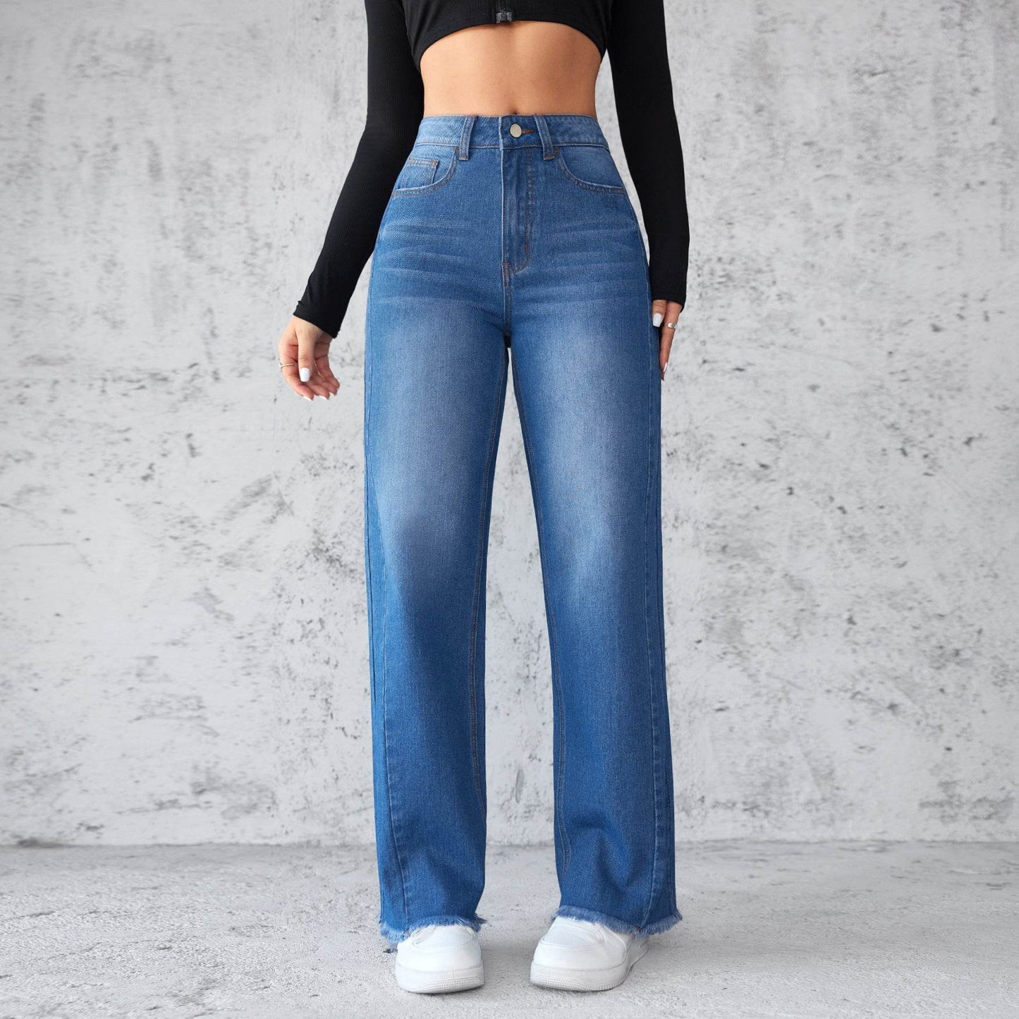 Fashion Straight Wide-leg Jeans Casual High-waist Non-elastic Womens Clothing - Velora