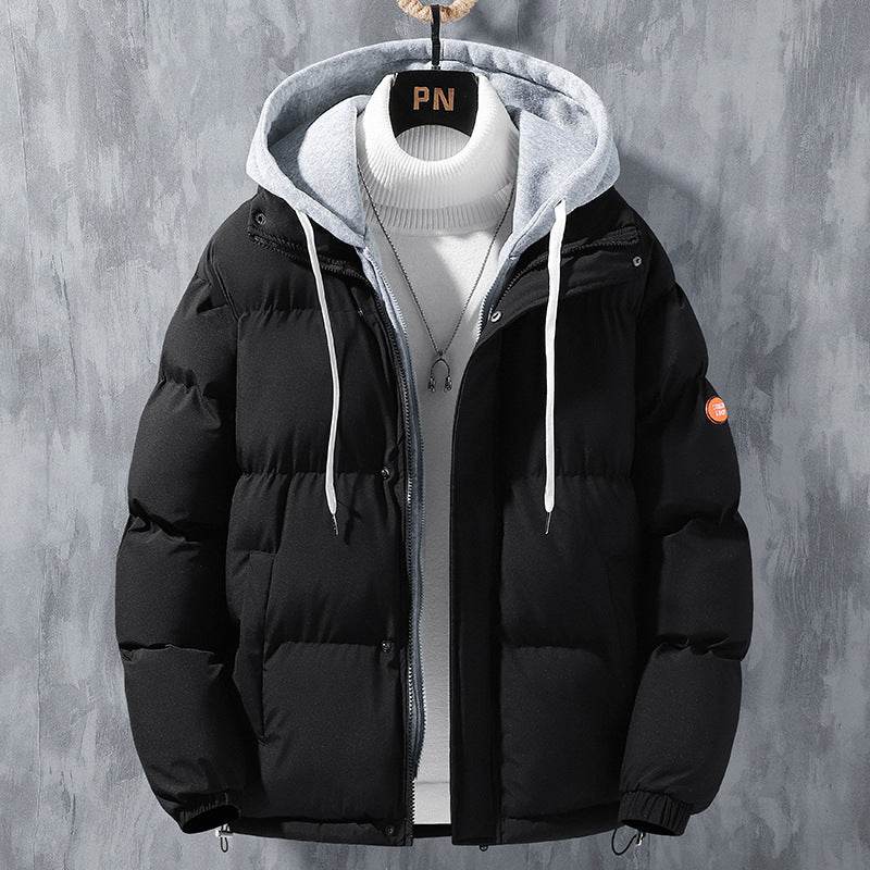 Fashion Hooded Jacket Men Winter Windproof Thickened Fake Two-piece Coat Solid Leisure Sports Cotton Jacket - Velora