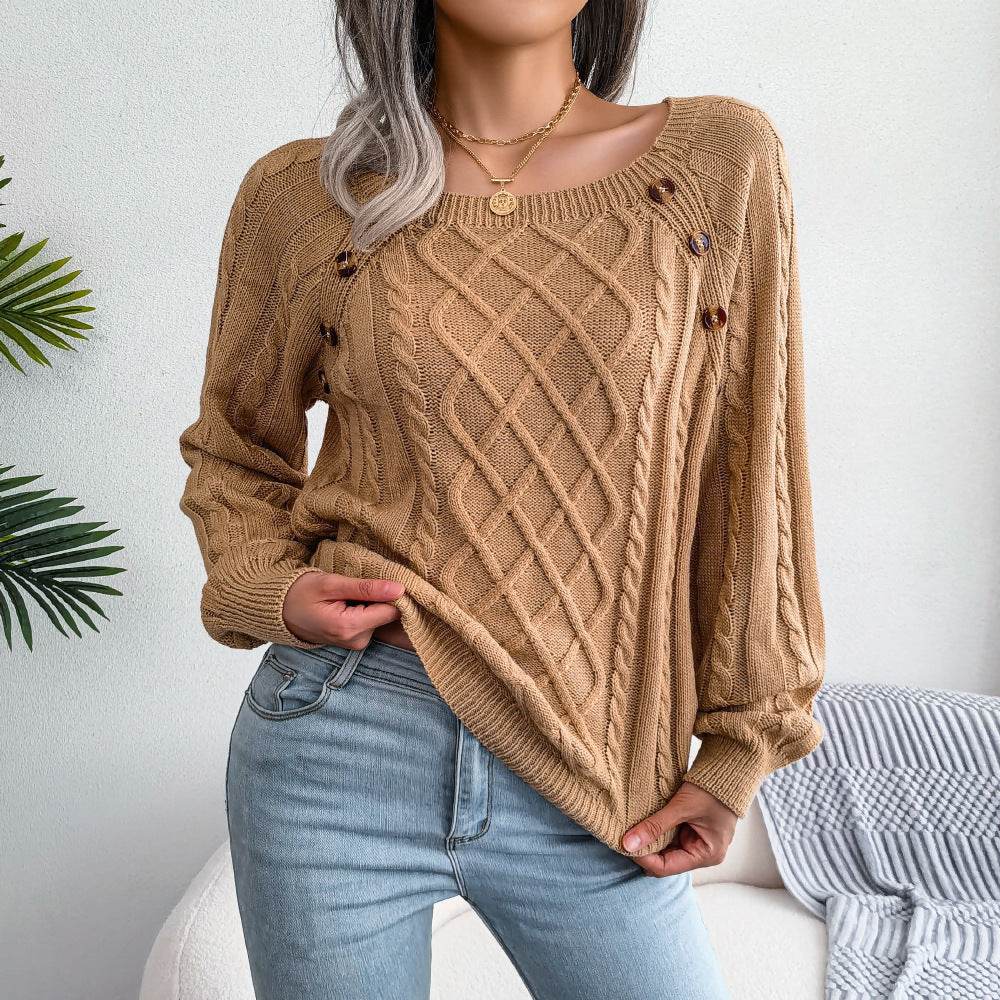 Square Neck Knitted Sweater With Button Design Winter Warm Long Sleeve Tops Women's Clothing - Velora
