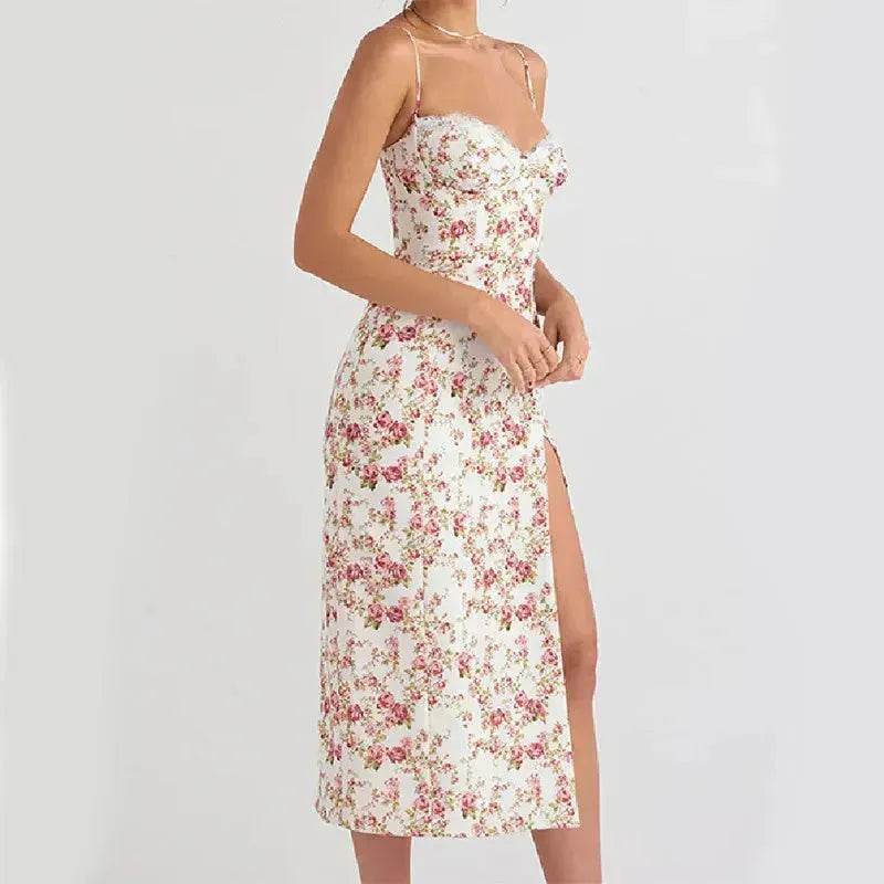 Women's Floral Spaghetti Strap Cami Dress Lace Trim Side Slit Bodycon Midi summer Dress - Velora