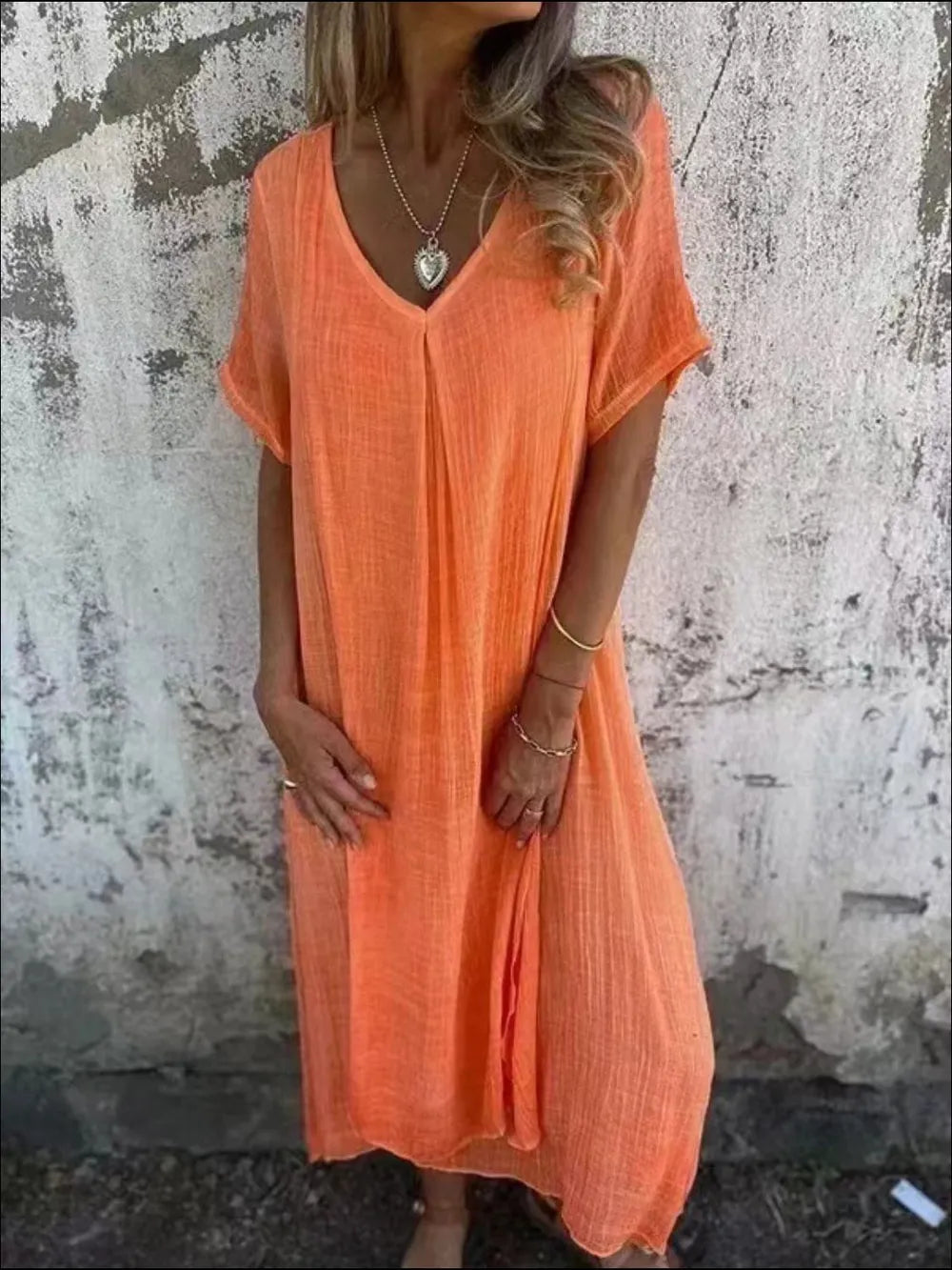 Full Size V-Neck Short Sleeve Midi Dress Plus Size - Velora
