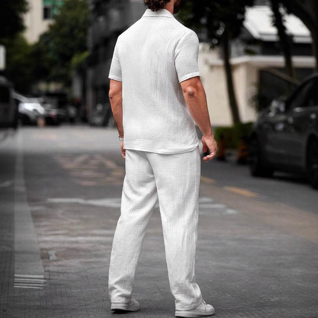 Polo Collar Solid Color Short Sleeve Button Trousers Men's Casual Shirt Outfit - Velora