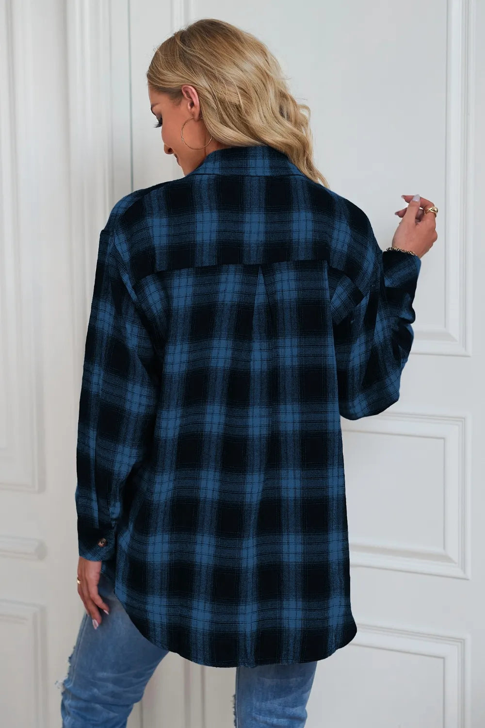 Plaid Button Up Dropped Shoulder Outerwear - Velora