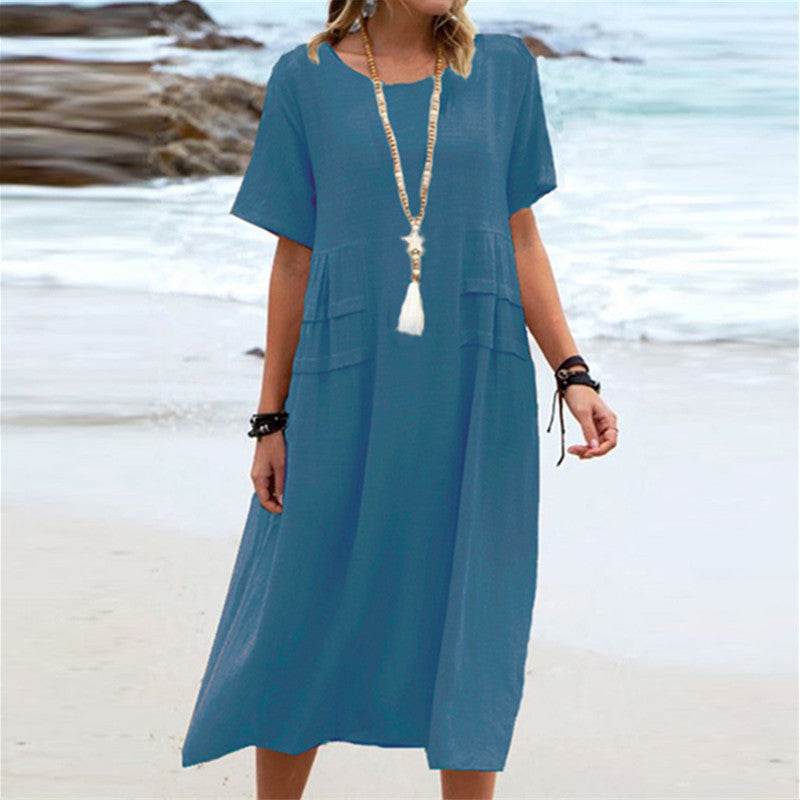 Women's Summer Loose Casual Midi Dress Breathable Cotton Linen Short-sleeve Mid-length Dresses Women Simple Beach Dress - Velora