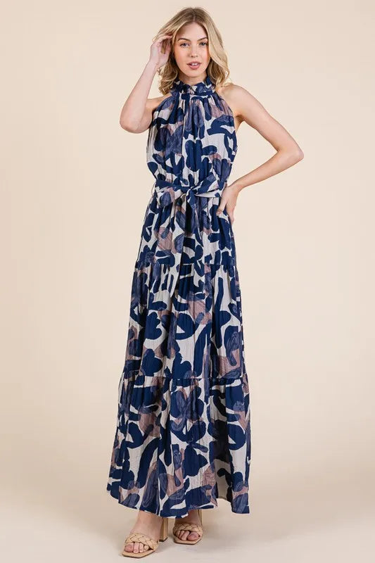 Lime 'N' Chili Abstract Halter Neck Tie-Waist Tiered Maxi Dress - Velora
