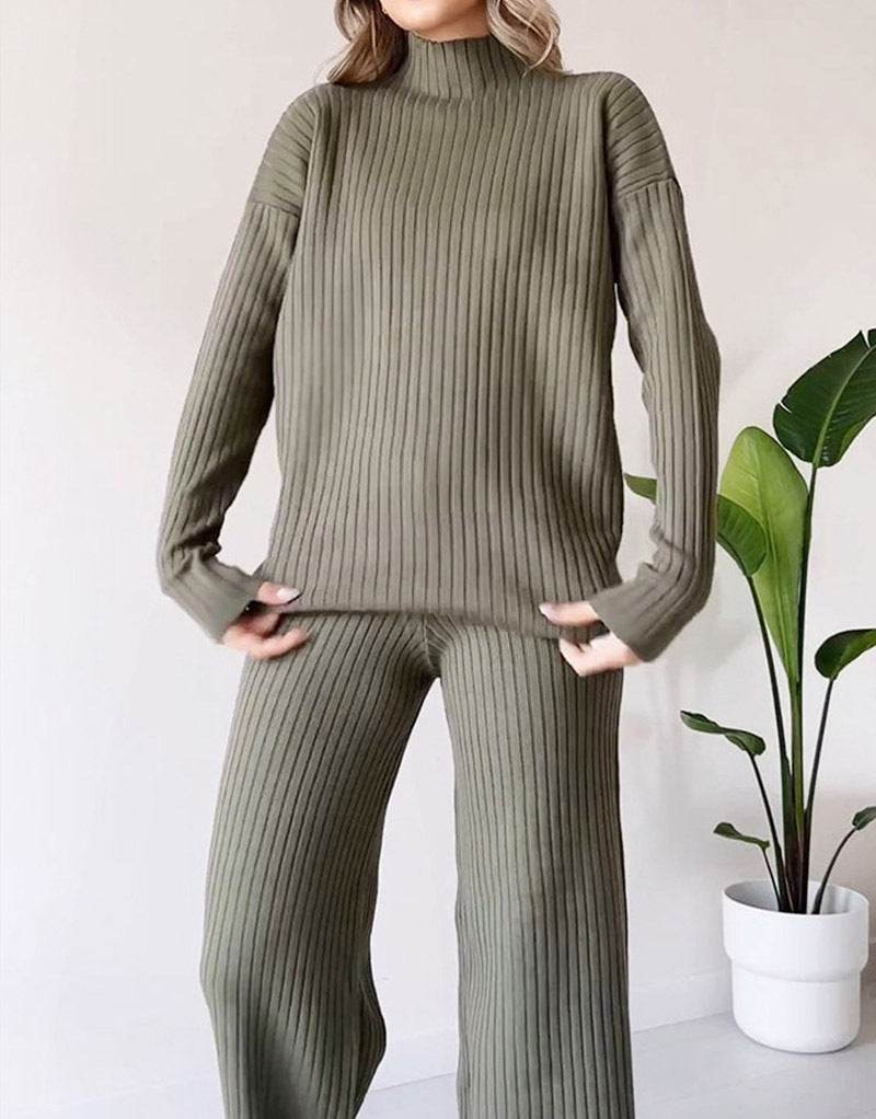 Turtleneck Knitted Suit Loose Split Design Long-sleeved Top And Straight Trousers Fashion Casual Solid Set Women's Clothing - Velora