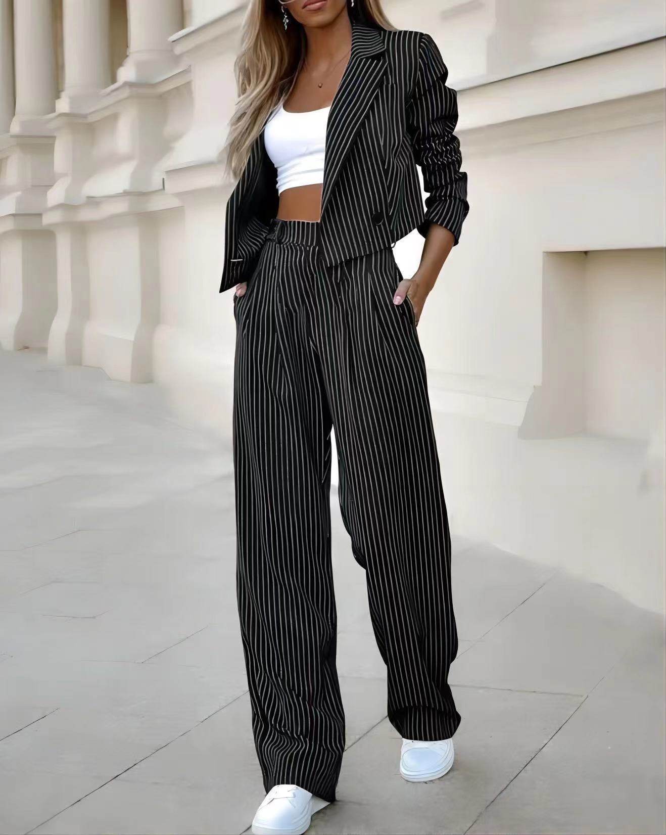Fashion Striped Suits Casual Lapel Long Sleeve Cropped Top And Straight Pants Outfits Women's Clothing - Velora