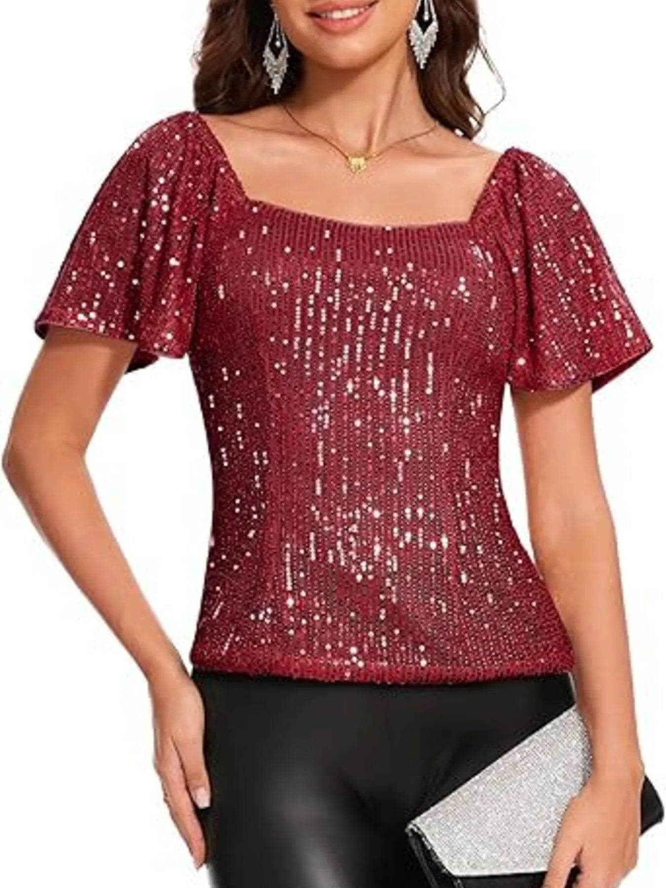 Square Neck Sequin Short Sleeve Blouse - Velora