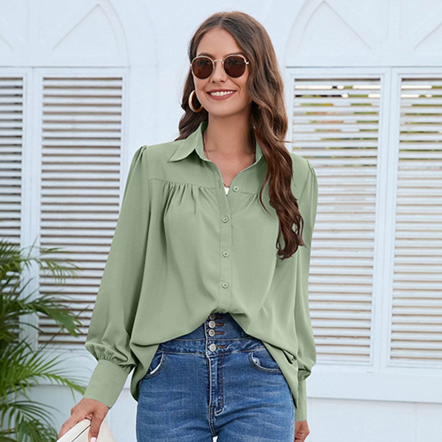 Women's Solid Color Simple Chiffon Pleated Long-sleeved Shirt - Velora