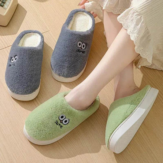 Cute Cartoon Big-eyes Slippers For Couples Winter Warm Non-slip Floor Bedroom Slipper Home Men And Women House Shoes - Velora