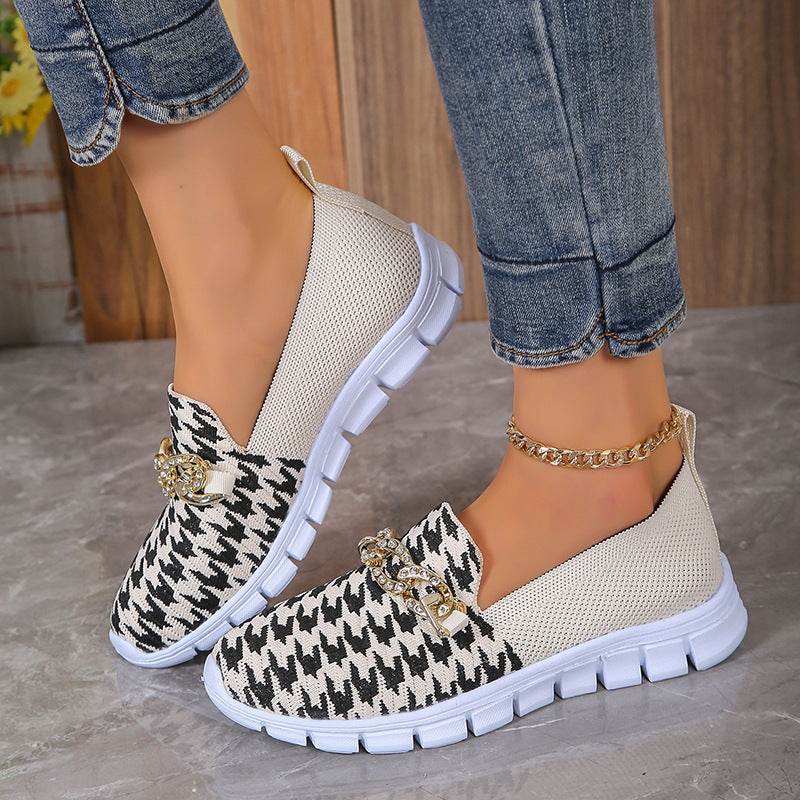 Casual Houndstooth Print Chain Mesh Shoes Summer Walking Sports Flat Shoes Women Breathable Loafers - Velora