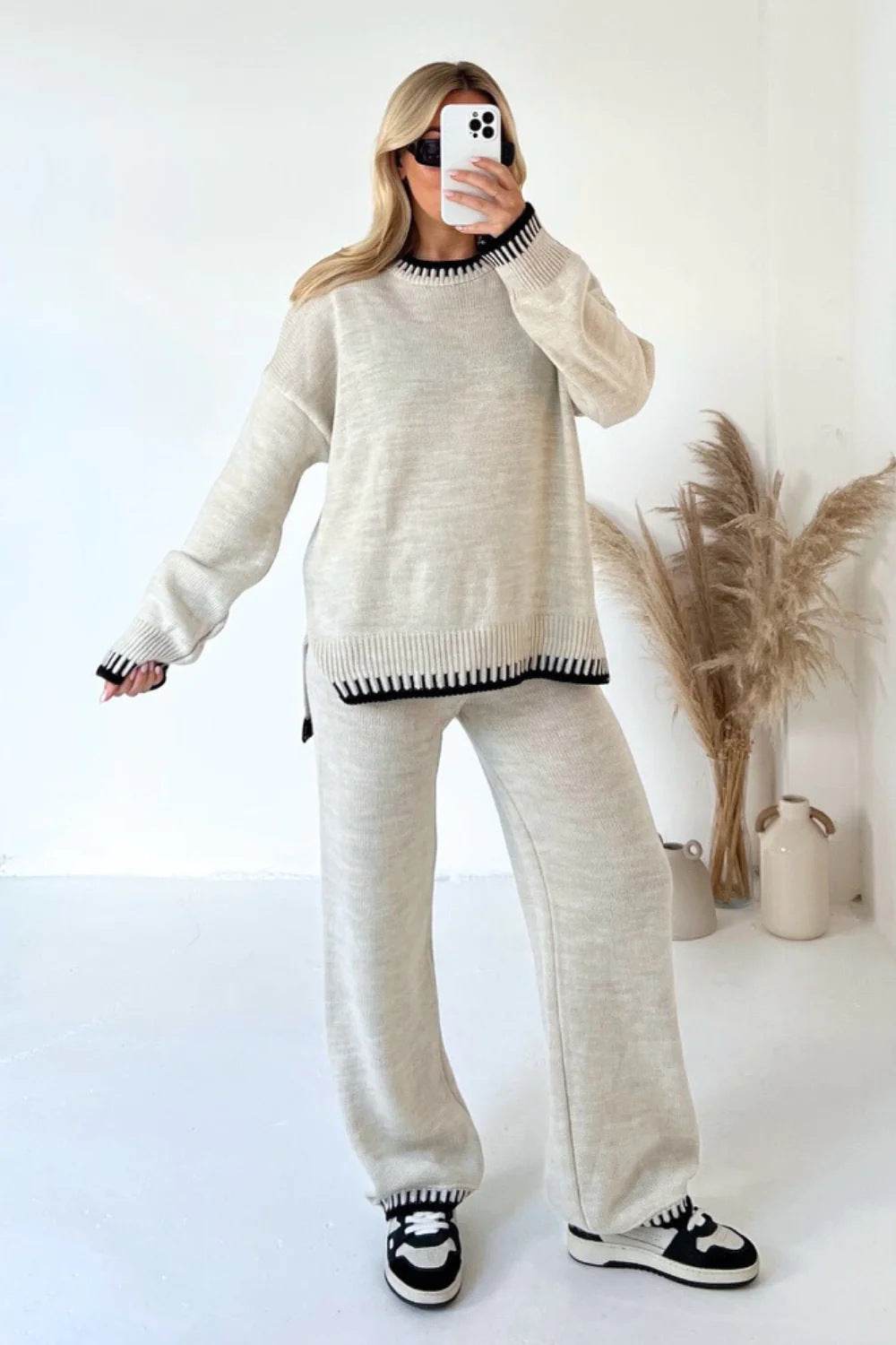 Women's Suit Fashion Pullover Split Long-sleeved Top And Loose Straight Pants Solid Color Two-piece Set - Velora