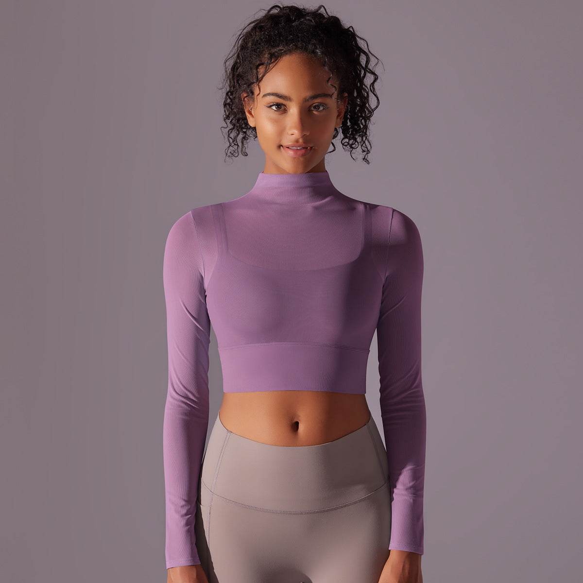 Quick Drying Gym Slim Fit Mesh Turtleneck Long Sleeve Workout Crop Top - Velora