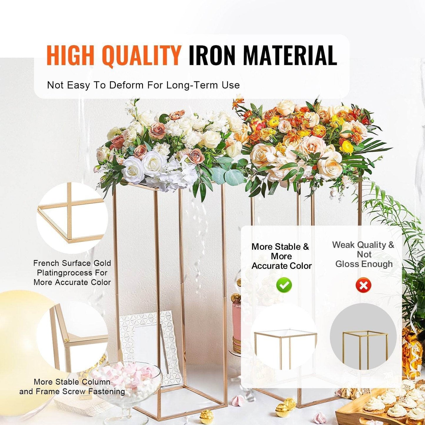 10PCS 31.5inch High Wedding Flower Stand, With Acrylic Laminate,Metal Vase Column Geometric Centerpiece Stands, Gold Rectangular Floral Display Rack For Events Reception, Party Decoration - Velora