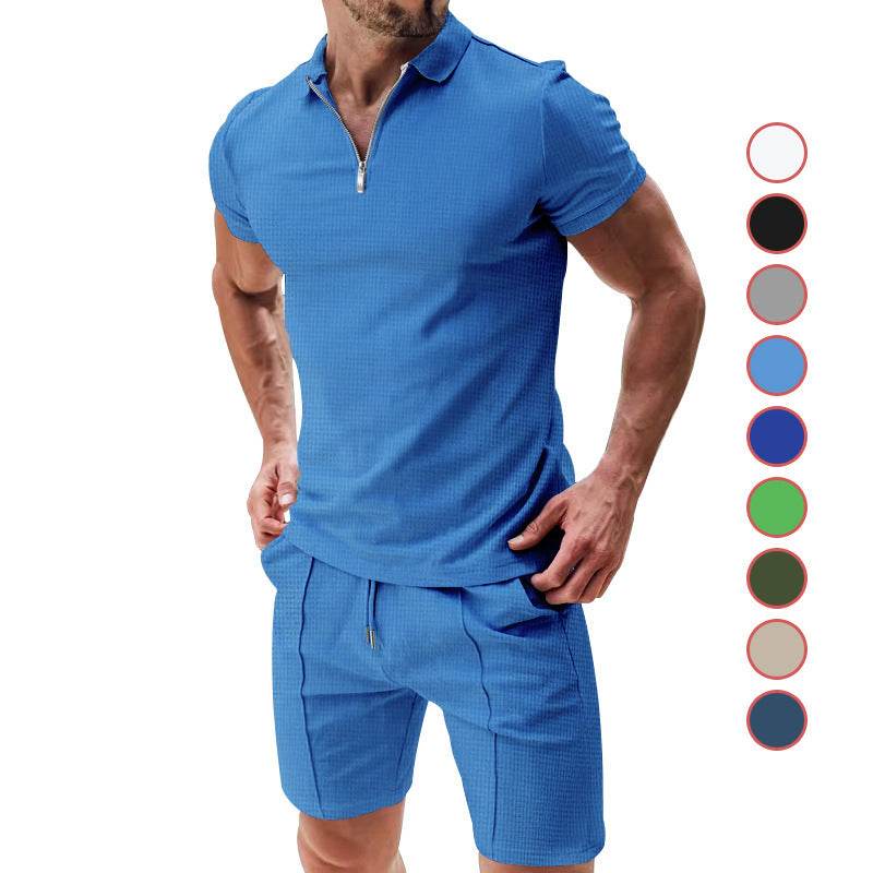 2Pcs Casual Waffle Suit Summer Zipper Lapel Short-sleeved Top And Drawstring Pockets Shorts Versatile Solid Color T-shirt Set For Mens Clothing - Velora