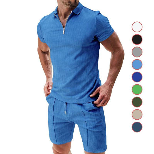 2Pcs Casual Waffle Suit Summer Zipper Lapel Short-sleeved Top And Drawstring Pockets Shorts Versatile Solid Color T-shirt Set For Mens Clothing - Velora
