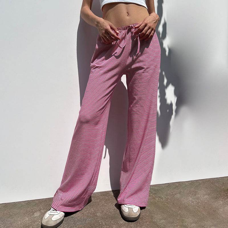 Women's Striped Print Trousers Y2K Fashion Casual Lace Up Home Straight Wide-leg Pants - Velora