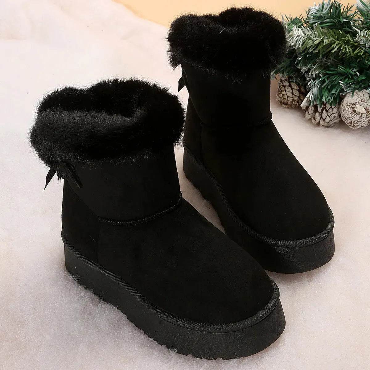 New Bow-knot Snow Boots Winter Plus Velvet Warm Thick-soled Ankle Boots For Women Simple Daily Leisure Cotton Shoes - Velora