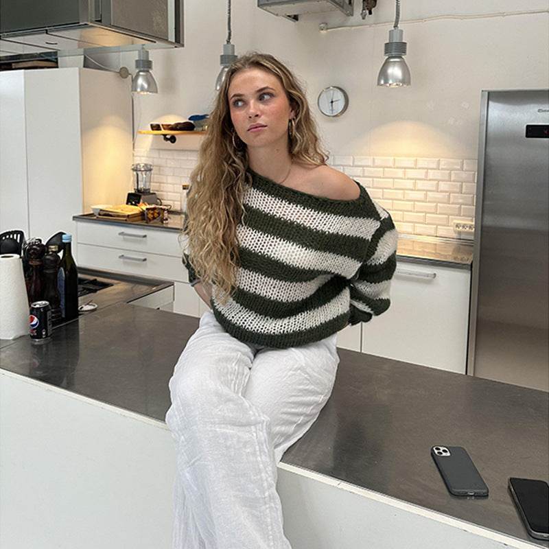 Loose Striped Pullover Sweater Fashion Versatile Long-sleeved Knitted Tops For Women Clothing - Velora