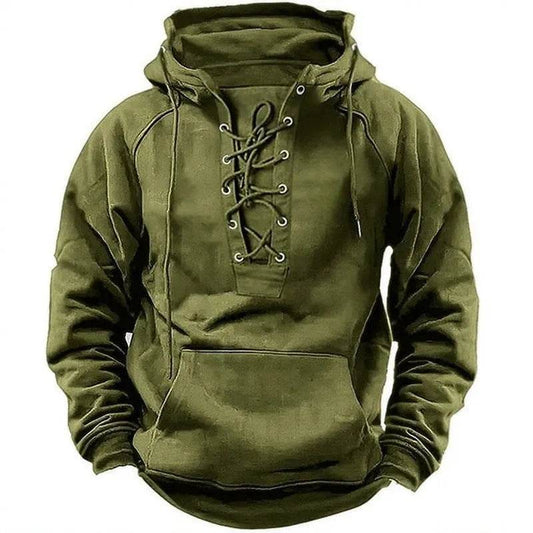 Men's Outdoor Retro Lace-up Hooded Long-sleeved T-shirt Casual Pullover top sweatshirt