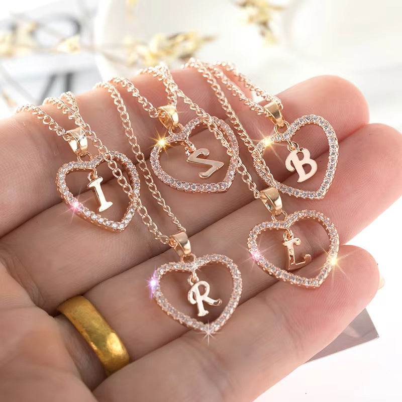 26 Letters Heart-shaped Zircon Pendant Necklace Stainless Steel Gold Color Chains Jewelry Birthday Gift For Women - Velora