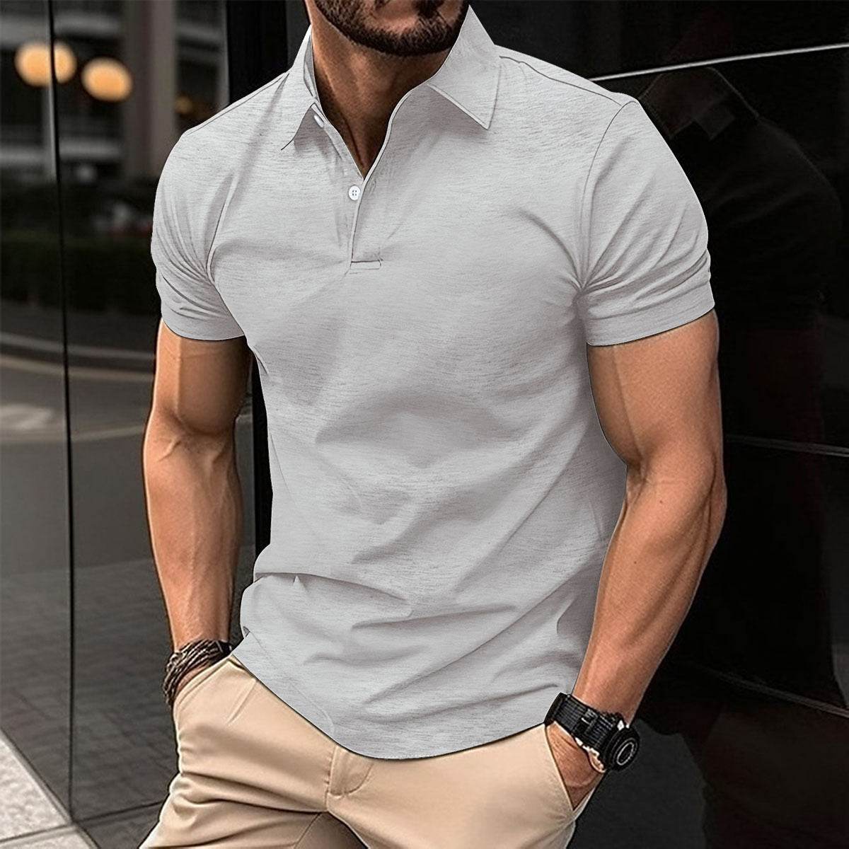 Summer Short Sleeve Polo Shirt Men Solid Color Button Lapel Button Top - Velora