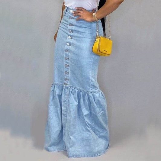 Women's Slim-fit Peplum Patchwork Long Denim Skirt fish tail style Jeans Skirt - Velora