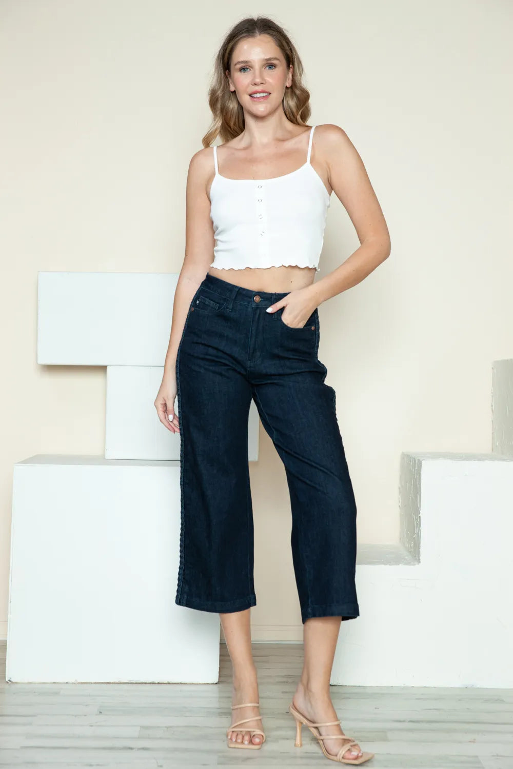 Judy Blue Full Size Side Seam Braid Detail Crop Wide Leg Jeans - Velora
