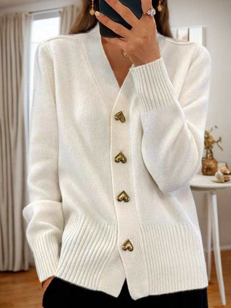 V-neck Knitted Sweater With Love Button Fashion Solid Long-sleeved Cardigan Spring And Autumn Women's Clothing - Velora