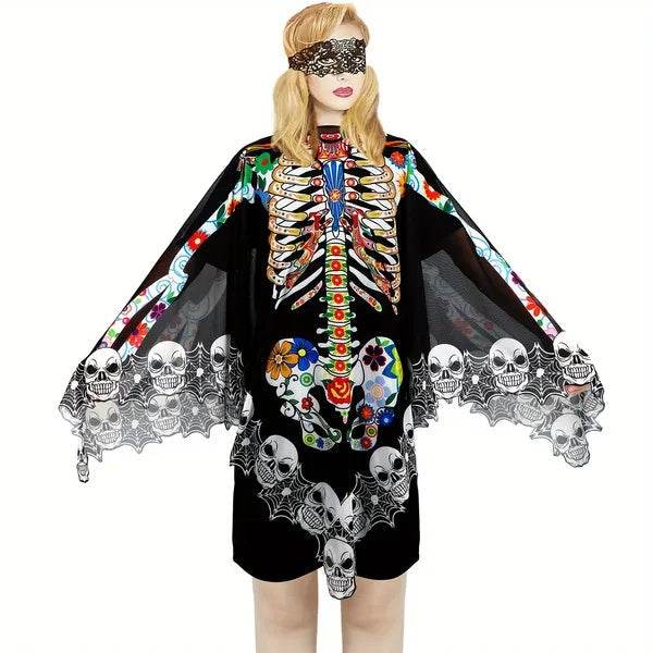 Halloween Skeleton Poncho, Lace Skeleton Halloween Costume Poncho Day Of The Dead Poncho For Women - Velora