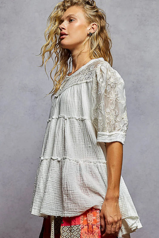 POL Lace Detail Tiered Round Neck Half Sleeve Blouse - Velora
